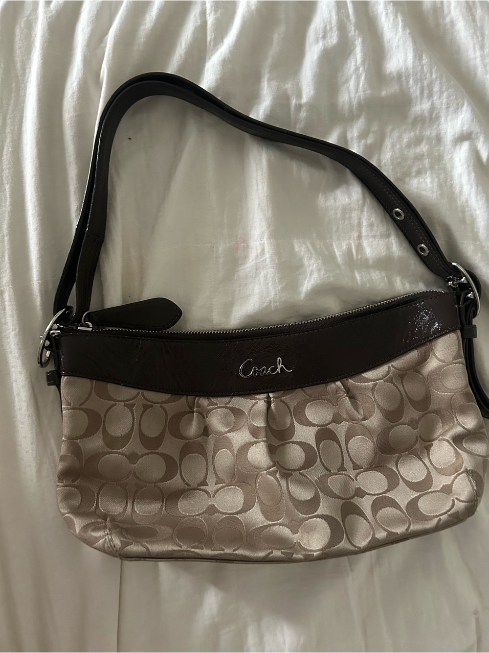 Coach Beige Signature Jacquard Shoulder Bag with Brown Trim